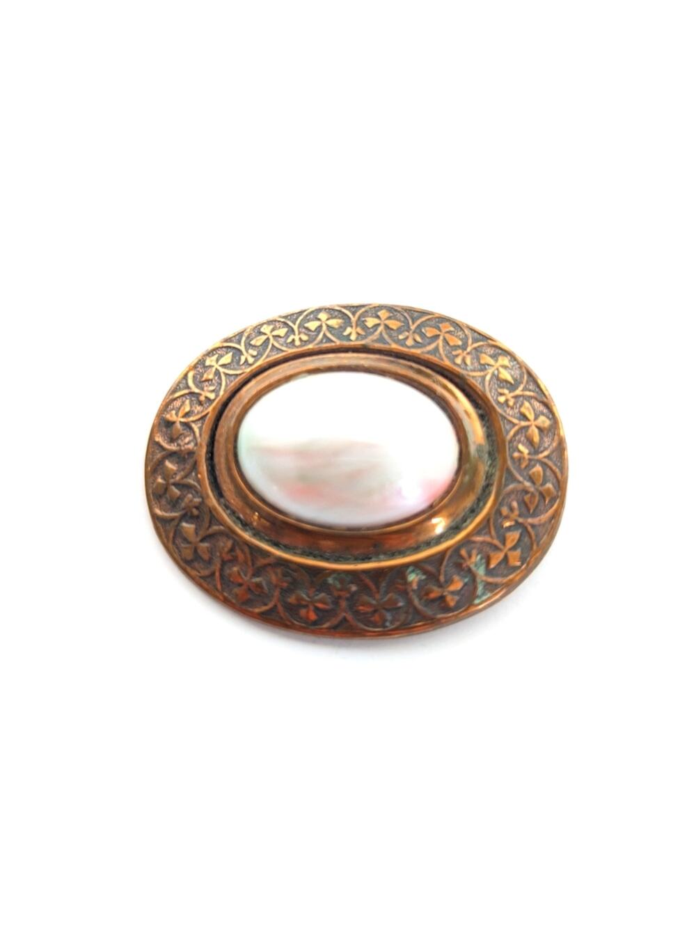 Vintage Victorian Oval Copper Faux Opal Cabochon Ornate Clover Design Brooch